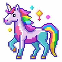 Colorful Retro Pixel Art Unicorn with Rainbow Mane and Stars on White Background vector