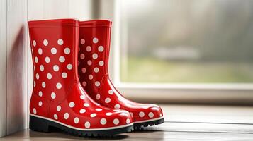 Pair of shiny red rain boots with white polka dots, with copy space photo