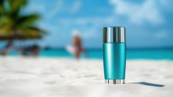Turquoise cosmetic cream container standing on tropical beach with white sand, with copy space photo