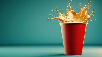 Coffee drink splashing from red cup on blue background, with copy space photo