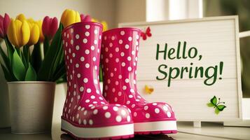 Pink rain boots with white polka dots near pot of bright tulips, with hello, spring photo