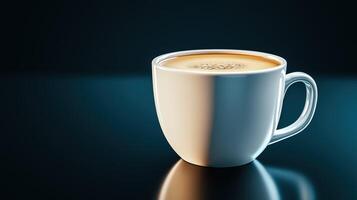 Warm cup of coffee placed on reflective surface on dark background, with copy space photo