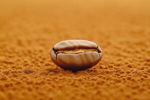 Coffee bean resting on fine ground coffee showcasing rich texture and aroma, with copy space photo