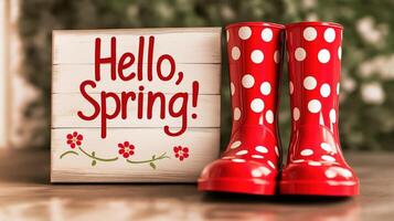 Red polka dot rain boots stand beside hello spring sign on blurred natural background photo