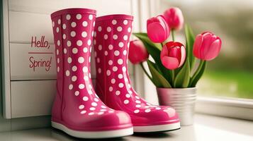 Pair of pink rain boots with polka dots near pot of tulips, with hello, spring photo