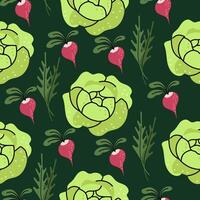 Seamless pattern featuring green cabbage and red radish, complemented by leafy greens on a dark background. Perfect for textiles and wallpapers. vector