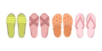 Illustration showcasing a collection of colorful summer sandals lined up in a row, featuring different styles and colors against a white background. vector