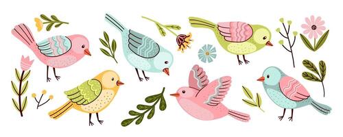 Set of colorful birds and floral elements. Vibrant birds in pastel colors are surrounded by various plants and flowers, creating a cheerful and lively scene, vector