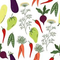 Seamless pattern of various colorful vegetables, including carrots, chillies, peas, and beetroots, arranged on a white background vector