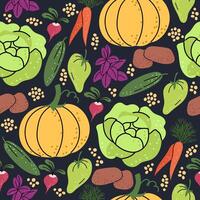 Colorful illustration of various vegetables, including pumpkins, cabbage, carrots, and radishes, arranged in a seamless pattern against a dark background for vibrant visual appeal. vector
