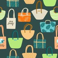 Seamless pattern of various colorful beach bags with different designs, including floral, stripes, and text. Illustration ideal for fashion beach design concepts. vector