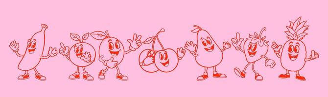 collection of fruits. Groovy retro cartoon style. Red banana, peach, lemon, cherries, pear, strawberry and pineapple on pink background vector