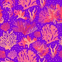 Bright seamless abstract pattern with pink corals and seaweed on blue-violet background vector