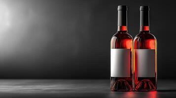 Rose wine bottles with blank labels on dark background, with copy space photo
