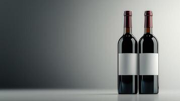 Red wine bottles with blank labels on grey minimalist background, copy space photo