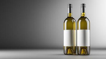 Elegant white wine bottles with blank labels on minimalist background, copy space photo