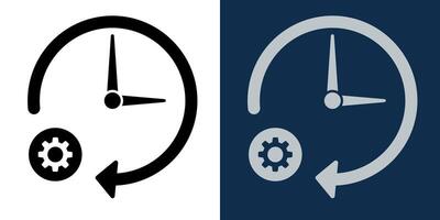 Time management icon. Clock with arrow and gear symbolizing schedule, efficiency, and automation. Black and white version with a dark mode alternative. Business, productivity, and workflow themes. vector