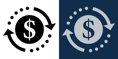 Financial flow and money circulation icon. Dollar sign with circular arrows and dots, symbolizing cash movement, transactions, banking, investment, and economic cycle vector