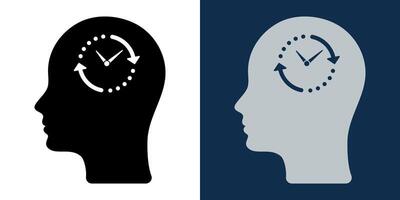 Human head with clock and arrows. Time management, productivity, brain efficiency, thinking process, planning, workflow, deadline concept icon. vector