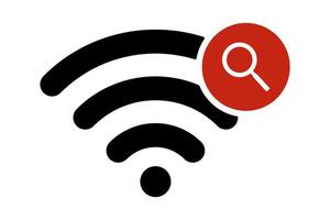 WiFi search icon, wireless network signal with magnifying glass, internet connection troubleshooting, online connectivity, digital technology, web access, signal strength, networking. vector