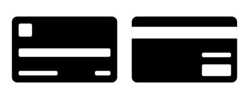 Black credit card icon. Simple banking and payment symbol. Front and back view of a debit card for financial transactions, online shopping, and contactless payments. vector