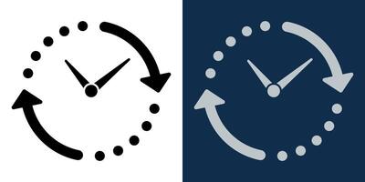 Clock icon with arrows, time cycle, schedule, history, past and future, black and white, dark mode, business and productivity symbol, timer and management concept. vector