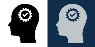 Human head with gear and check mark, efficient thinking, brain process,, productivity, automation, system optimization, smart decision, logical mindset, business intelligence, problem-solving icon vector