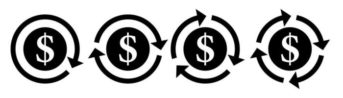 Dollar sign and arrows. Set of dollar circulation icons. Financial flow symbols with circular arrows representing money movement, transactions, banking, cash flow, economic cycle, financial exchange vector