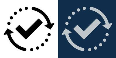 Checkmark reload icon. Refresh approval symbol with circular arrows. Black and white confirmation sign for synchronization, update, or validation. Minimal design for UI, apps, web vector