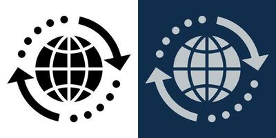 Global trade and worldwide communication icon. Black and white illustration of a globe with circular arrows and dots, symbolizing international exchange, logistics, commerce, and connectivity vector