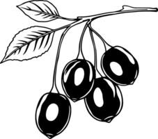 Black And White Illustration Of A Branch With Ripe Berries And Leaves vector