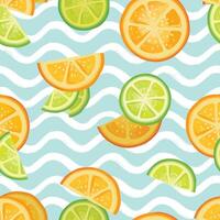 Fresh fruits summer seamles pattern. Fresh orange, lime sliced pieces. colorful drawing wavy background with fruits. vector