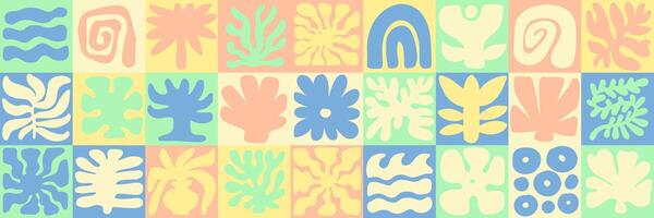 Hand drawn summer pattern with nature organic shapes, flat doodles. Groovy boho palm,beach, waves, sun, seashells and corals graphic symbols and elements. Summer vacation background in simple style. vector