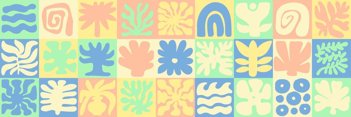 Hand drawn summer pattern with nature organic shapes, flat doodles. Groovy boho palm,beach, waves, sun, seashells and corals graphic symbols and elements. Summer vacation background in simple style.