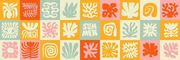 Flat seamless pattern in simple floral wavy and groovy naive style, ocean and vacation theme, flowers and plants, floral botanic hand drawn design templates, modern hand drawn art prints. vector