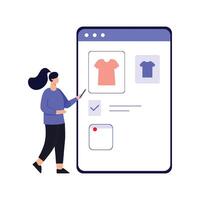 A woman is looking at a shopping cart on a mobile app vector