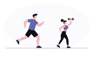 A man and woman are running together with dumbbells vector