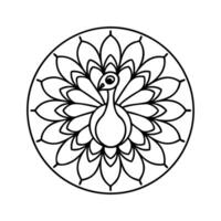 A black and white drawing of a peacock in a circle vector