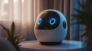 Modern, egg-shaped robot on a round table in a softly lit room, featuring glowing blue rings for eyes and a minimalist design. photo
