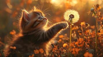 Fluffy kitten exploring dandelion field in soft golden hour light with a dreamy background. Nature and serenity concept photo