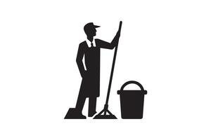 A black and white silhouette of a man with a mop and bucket vector