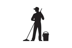 A silhouette of a man with a mop and bucket vector