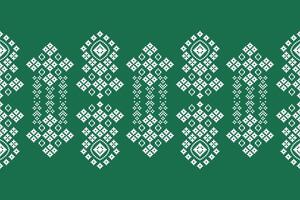 Cross stitch ethnic pixel art with green color background motif fabric pattern art. vector