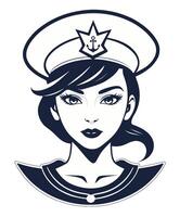 Vintage-style illustration of front-facing female sailor in sailor suit style collar and hat. The design is perfect for maritime-themed artwork, tattoo inspiration, apparel, and retro-style branding. vector
