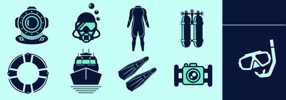 Scuba diving gear collection containing underwater mask, wetsuit, oxygen tank, boat, fins, underwater camera, snorkel, lifebelt. Editable icon elements, size and color. vector