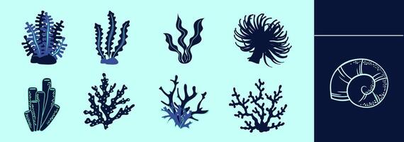 Underwater plants collection with various types like anemone, kelps, corals. Editable icon elements, size and color. vector