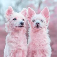 Two dogs are standing in front of a pink background photo