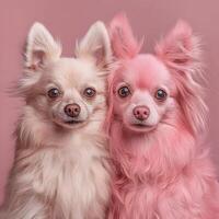 Two dogs are posing for a photo in front of a pink background