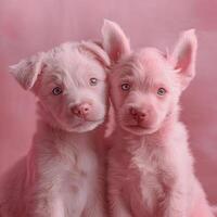 Two white puppies are sitting on a pink background photo