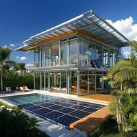 A house with a pool and solar panels on the roof photo